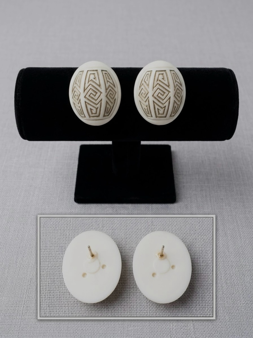 Vintage White Acrylic Gold Greek Key Geometric Oval Statement Earrings